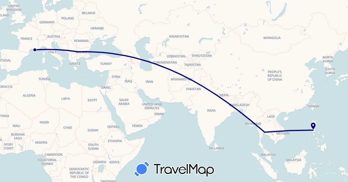 TravelMap itinerary: driving in Bulgaria, France, Philippines, Thailand (Asia, Europe)